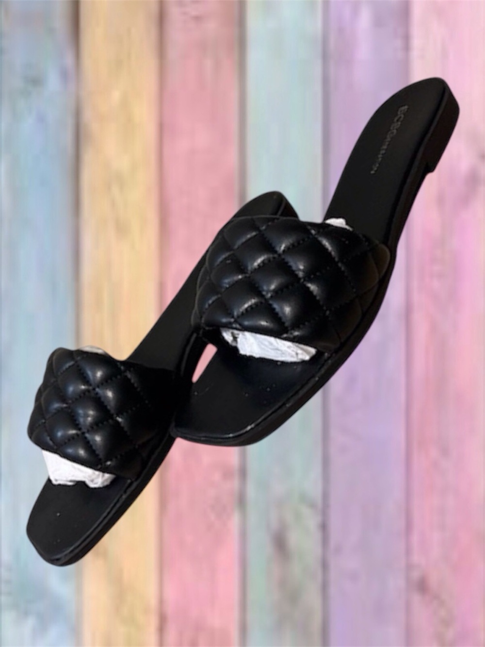 BCB Generation Laila Black Quilted Slide Square Toe Sandal Shoe